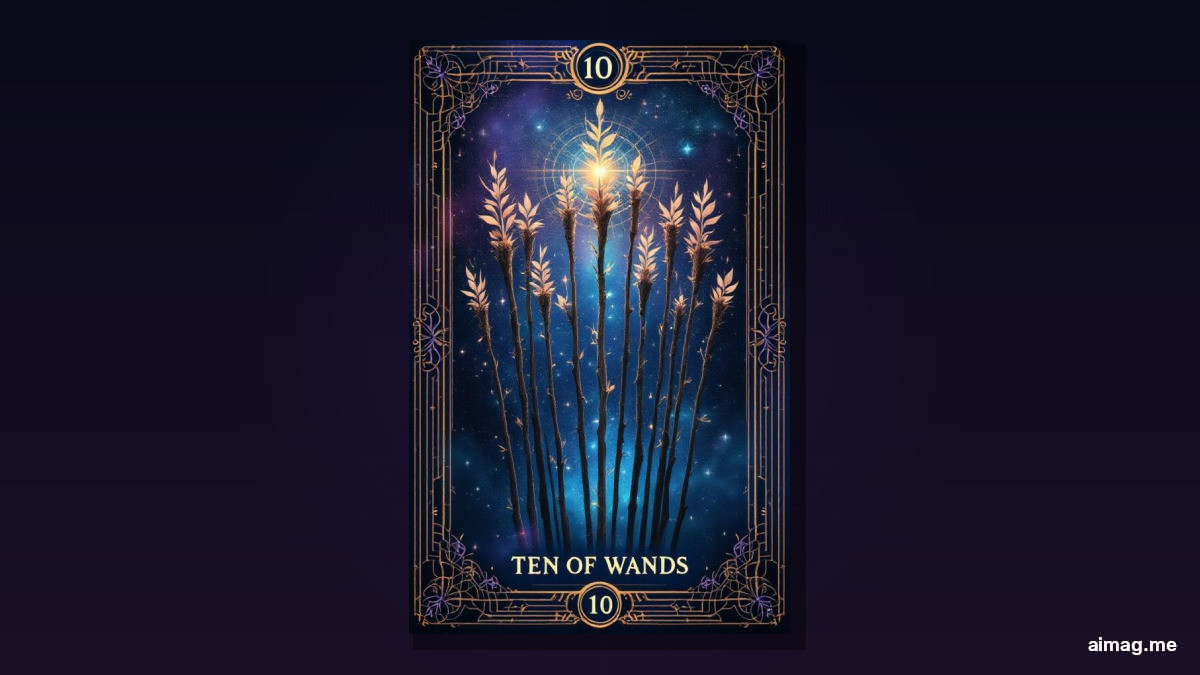 Karta Dziesiątki Różdżek — postać ugięta pod ciężarem dziesięciu spiętych różdżek idzie ku odległemu miasteczku, jej pole widzenia całkowicie zasłonięte ładunkiem