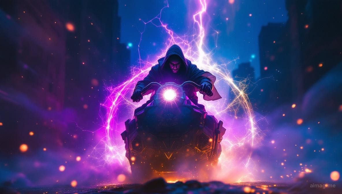 An armored figure driving a chariot pulled by two sphinxes, one black and one white, rushing forward beneath a canopy of stars with fierce determination