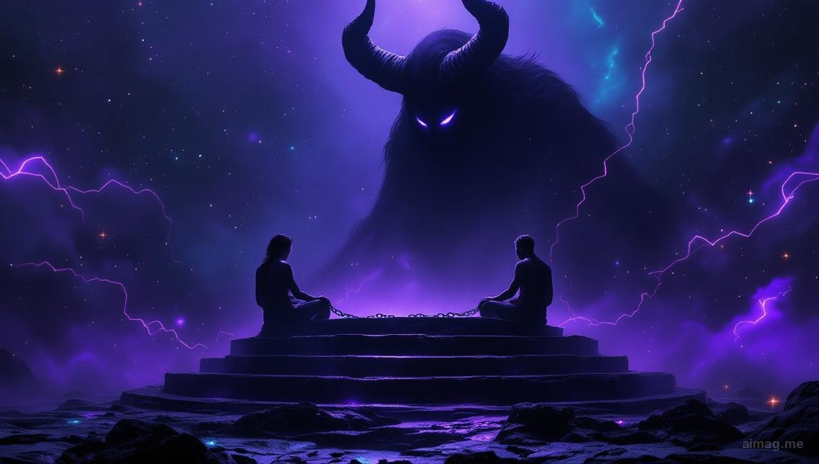 Dwie postacie połączone luźnymi złotymi łańcuchami, które mogłyby łatwo zdjąć, stojące w ciepłym blasku ognia rzucającym długie cienie za nimi