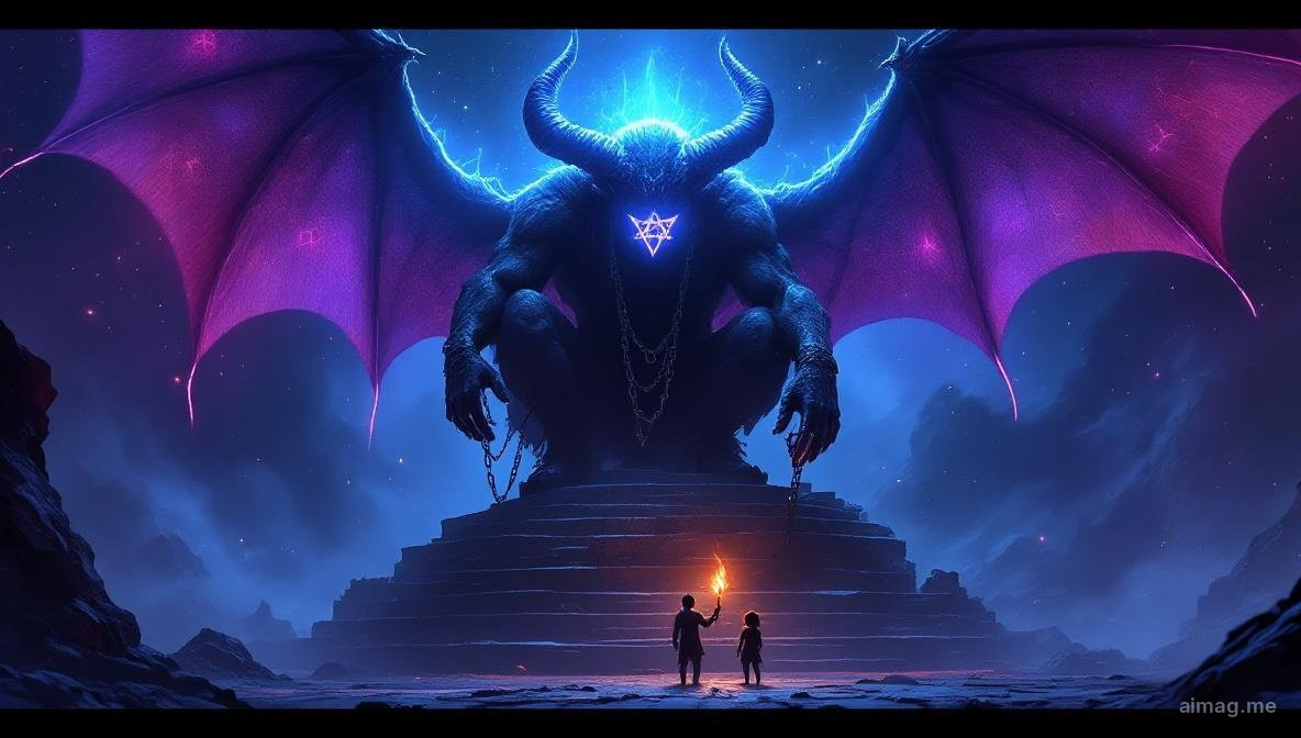 Karta tarota Diabeł — rogata postać na piedestale, u dołu dwie przykute postacie