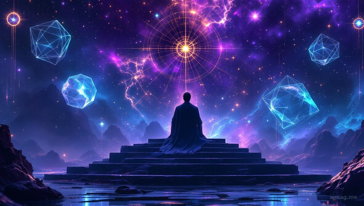 Potężna postac siedzaca na kamiennym tronie na tle surowych gor, twarz z cicha determinacja, opancerzone dlonie spoczywajace na rzeźbionych glowach baranow