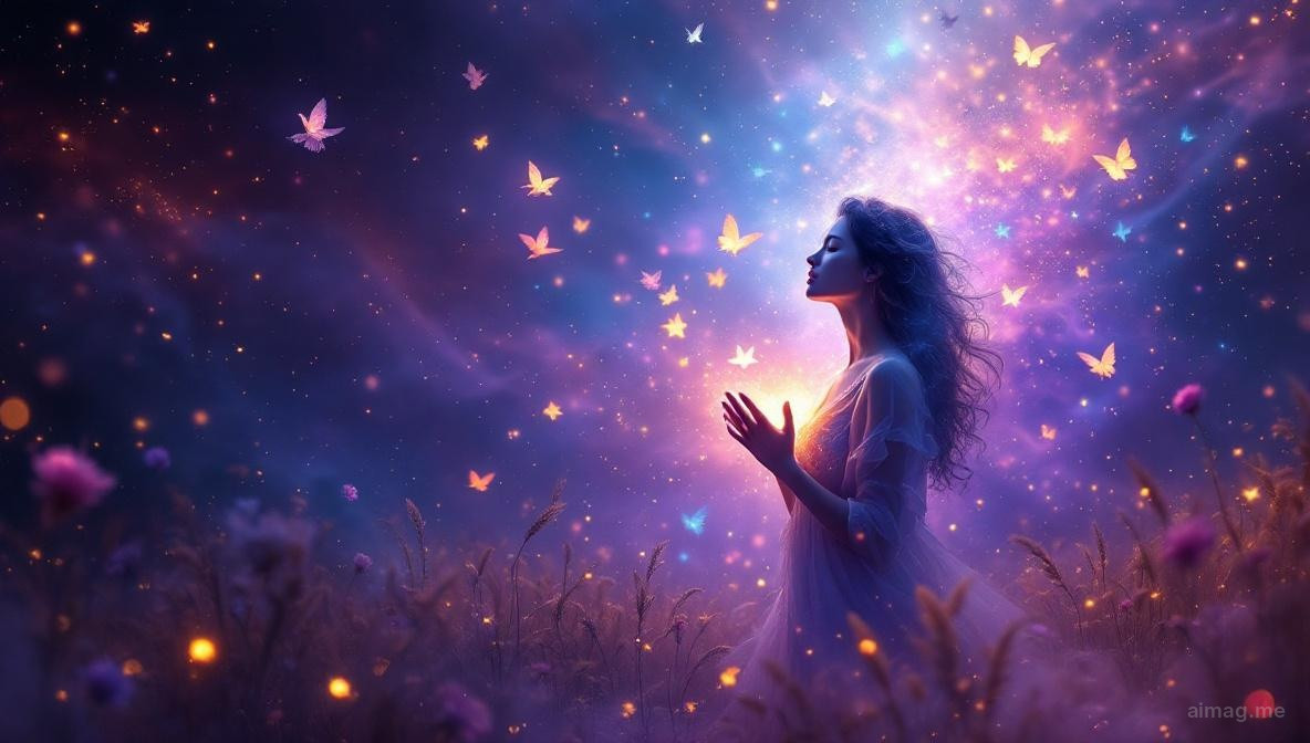 Promienna kobieta spoczywajaca w bujnym ogrodzie pelnym kwitnacych kwiatow i zlotego zboża, otoczona cieply, lagodnym swiatlem niczym delikatnym uściskiem