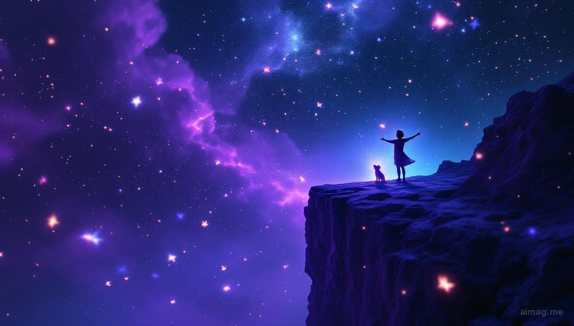 Postac stojaca na krawedzi slonecznego klifu z szeroko otwartymi ramionami, zlote swiatlo przebijajace sie przez cienkie chmury, maly bialy pies u stop