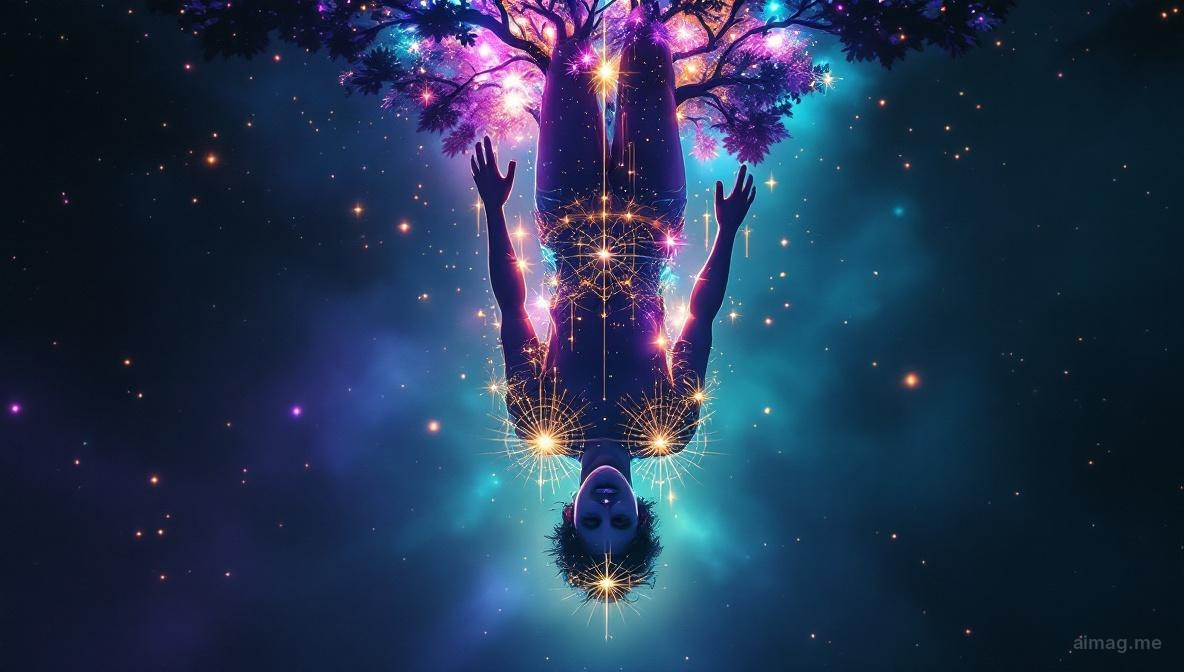 Spokojna postać zawieszona do góry nogami na żywej gałęzi drzewa, otoczona złotymi jesiennymi liśćmi dryfującymi w nieruchomym powietrzu