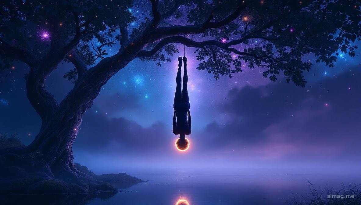 Karta tarota Wisielec — postać zawieszona do góry nogami za jedną stopę na żywym drzewie, ze złotą aureolą