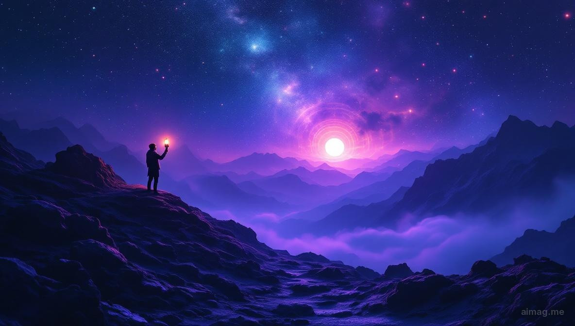 A solitary cloaked figure standing atop a snow-covered mountain peak, holding a glowing lantern aloft against a vast starlit sky