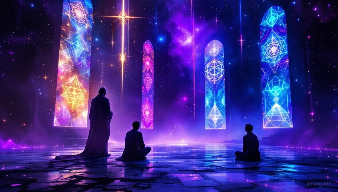 Postac w szatach trzymajaca potrojny krzyz miedzy dwoma ozdobnymi kolumnami swiatyni, dwoch akolitow kleczacych ponizej, scena skapana w cieplym bursztynowym swietle ceremonialnym