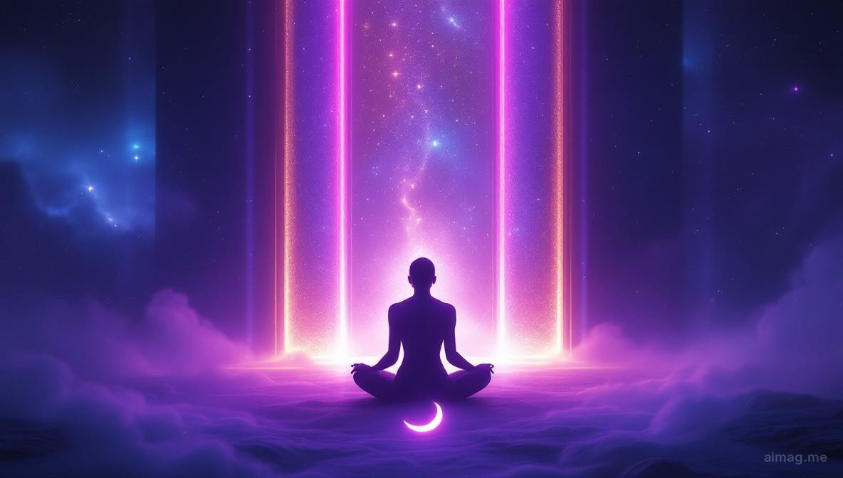 A serene woman seated between two pillars with a crescent moon overhead, eyes half-closed in contemplation, surrounded by deep blue and silver light