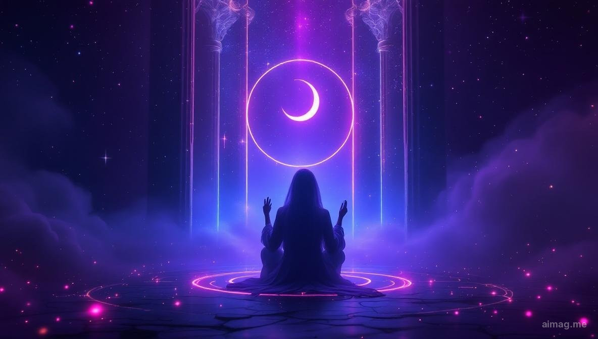 Karta tarota Najwyższa Kapłanka — spokojna postać siedząca między dwoma filarami, trzymająca zwój, u stóp sierp księżyca