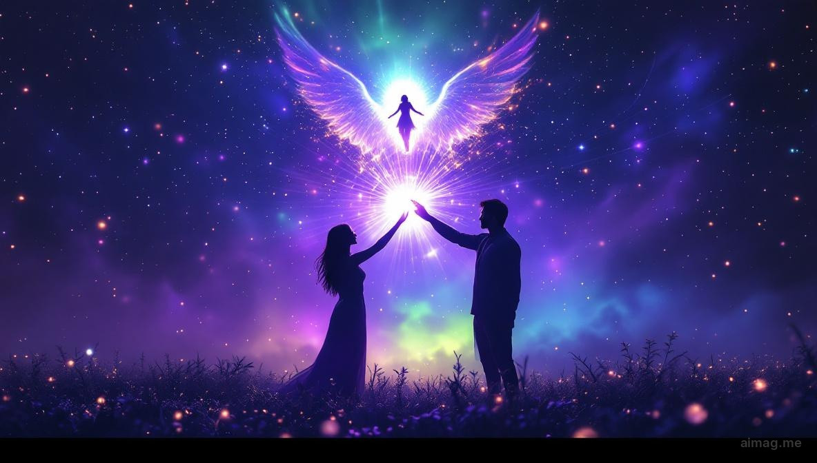 Two figures standing beneath a radiant angel with outstretched wings, their hands almost touching, surrounded by a garden of roses and a tree of golden fruit