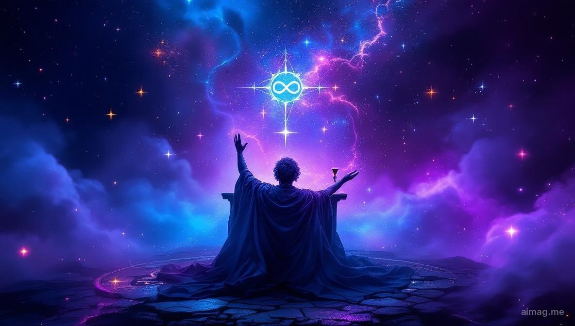 The Magician tarot card — a figure with one hand raised to the sky and one pointing to earth, surrounded by the four suits