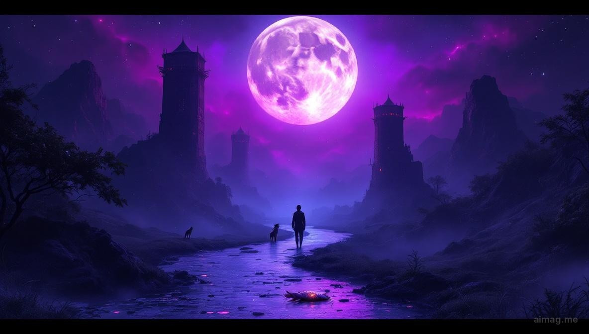 A winding path through misty marshland under a luminous full moon, with shifting shadows that could be trees or figures