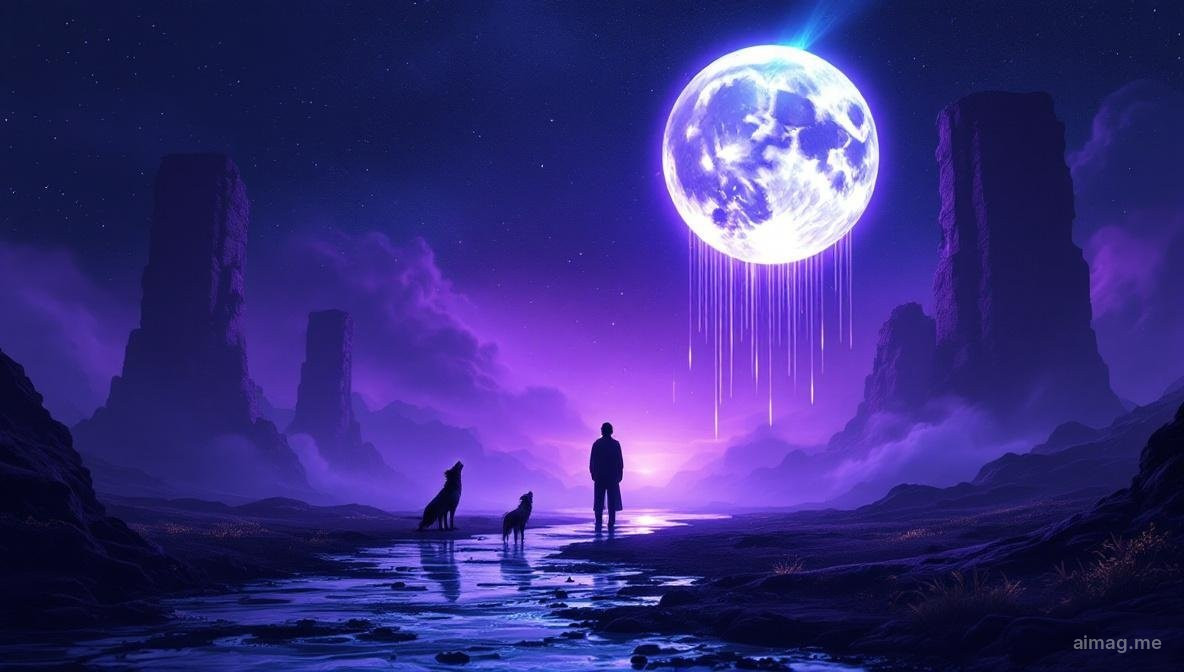 The Moon tarot card — full moon between two towers, a dog and wolf howling, a crayfish emerging from water