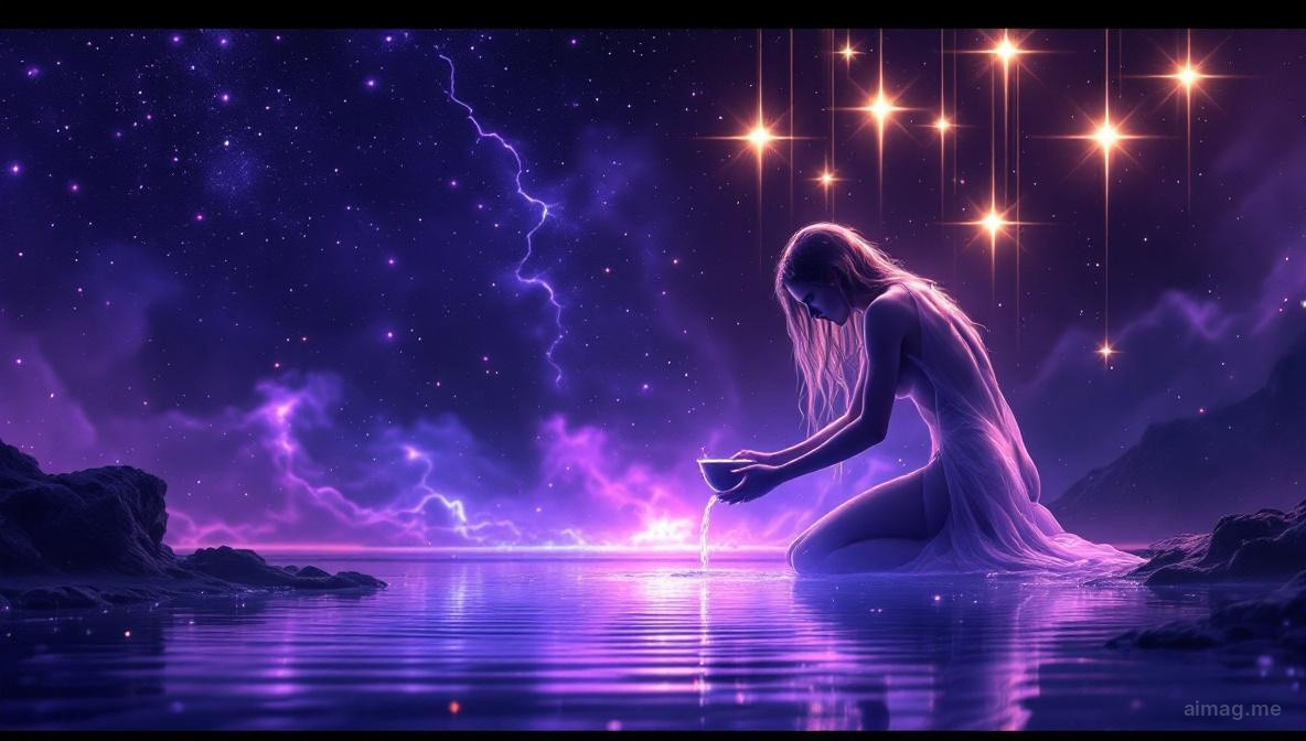 A single brilliant star reflected in a still pool of water at dawn, surrounded by the first green shoots breaking through cracked earth