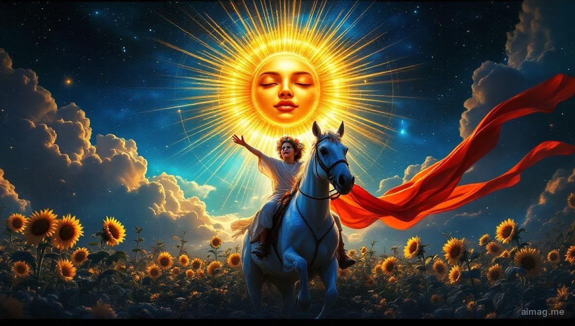 The Sun tarot card — radiant sun shining over a joyful child riding a white horse among sunflowers