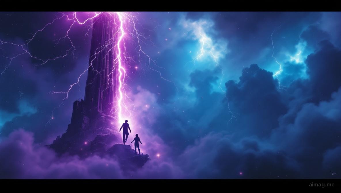 Wysoka kamienna wieża trafiona piorunem nocą, fragmenty zawieszone w powietrzu w blasku, odsłaniające czyste niebo za burzą