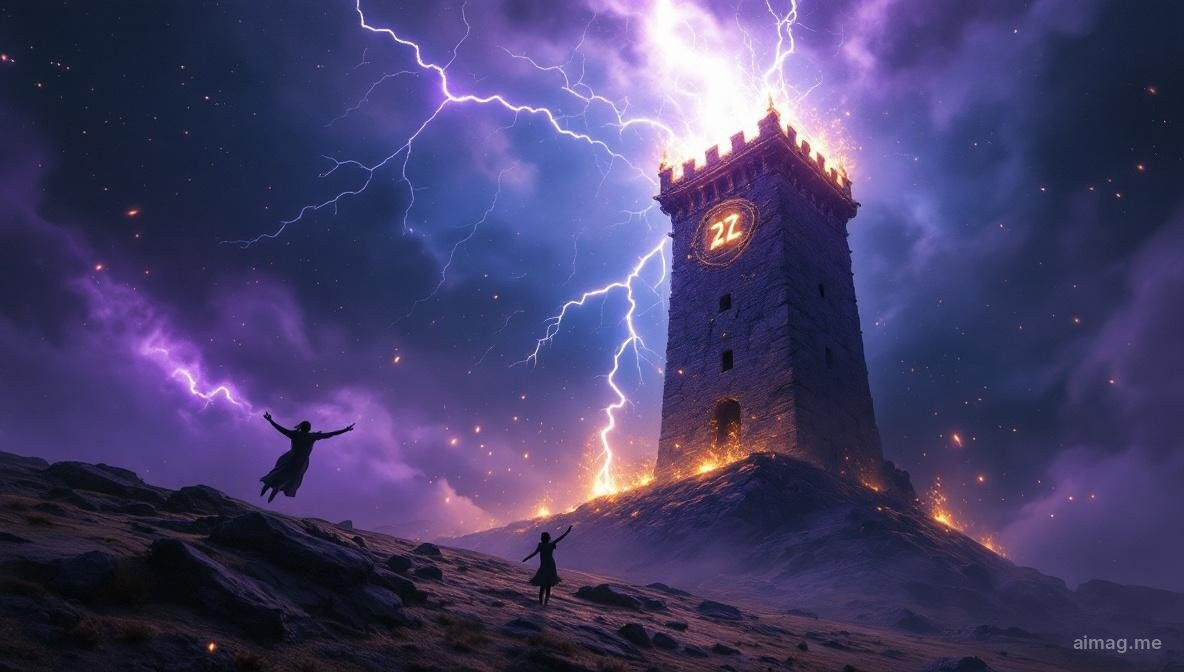 Karta tarota Wieża — piorun uderza w kamienną wieżę, dwie postacie spadają z jej szczytu