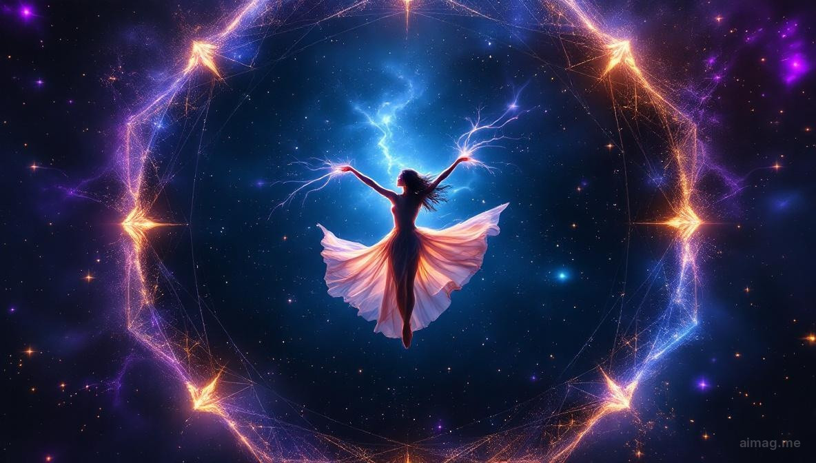 A dancer suspended within a laurel wreath, spinning freely against a vast starlit cosmos, arms open in complete surrender to wholeness