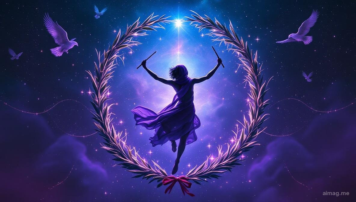 Karta Świat w tarocie — tańcząca postać owinieta w purpurową szarfę wewnątrz wieńca laurowego, otoczona czterema stworzeniami w rogach