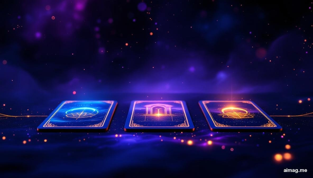 Three tarot cards laid face-up in a horizontal row on a dark wooden surface with soft candlelight, each card in a distinct position representing past, present, and future