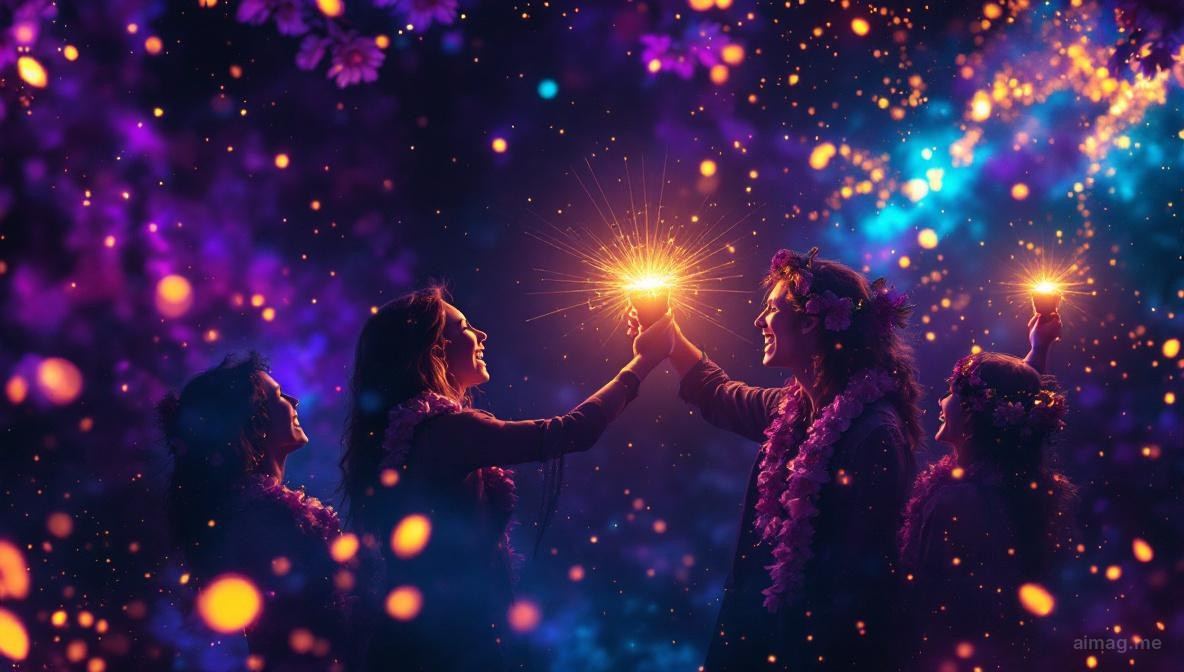 Trzy kobiety unoszące złote kielichy w bujnym ogrodzie otoczonym girlandami kwiatów i dojrzałymi owocami, ciepłe popołudniowe światło tworzące aurę radosnej wspólnoty