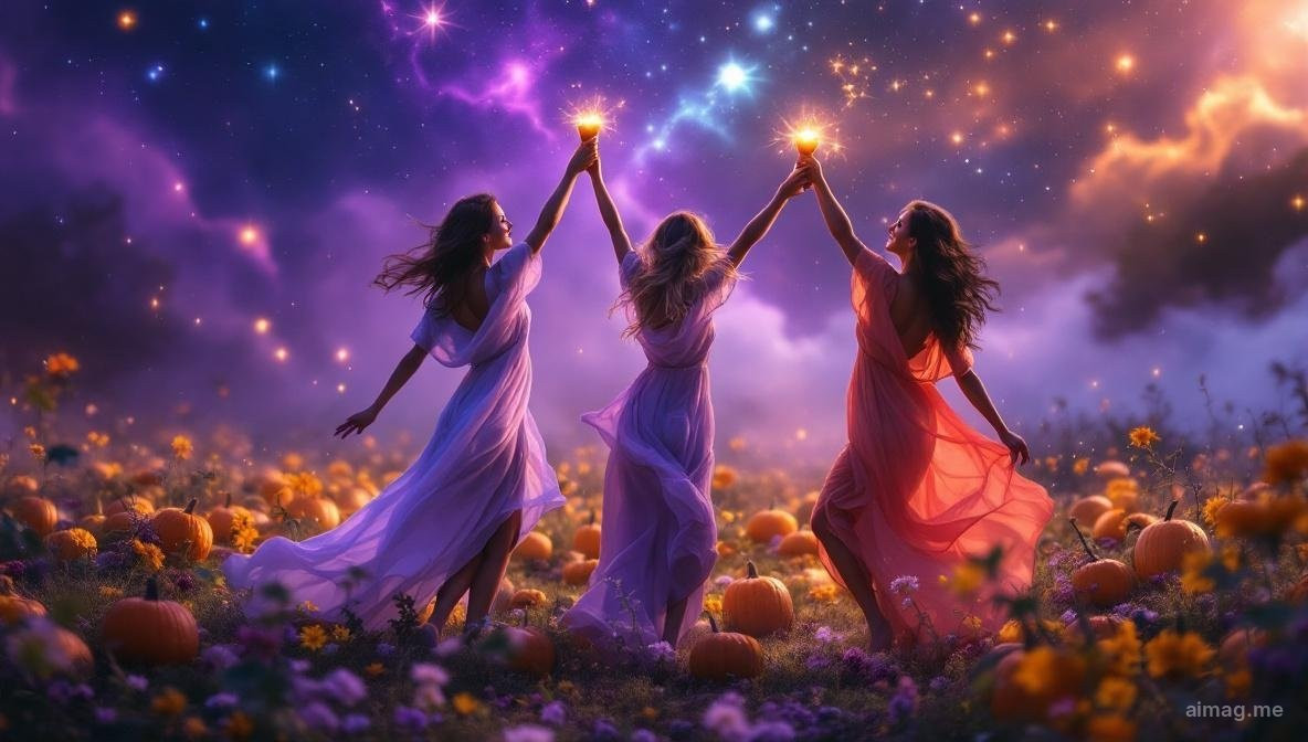 Three of Cups tarot card — three women raising golden chalices in a toast, dancing among a harvest of pumpkins and grapes