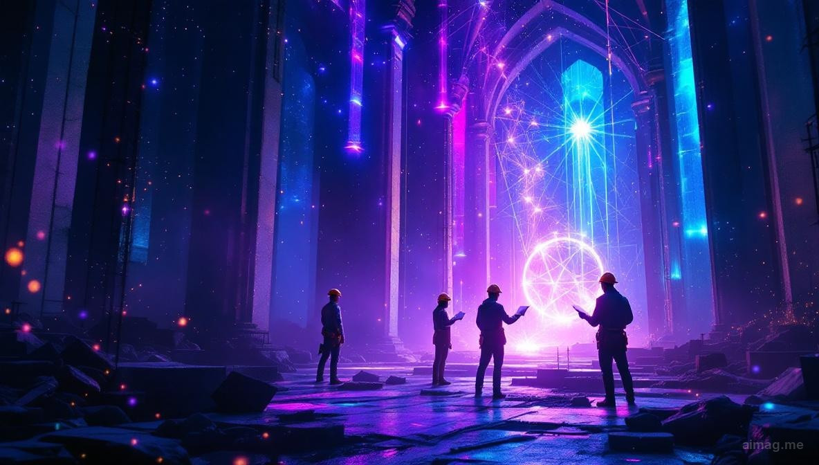 Three artisans working together on an intricate stone archway, golden afternoon light illuminating the detailed carvings and their focused, satisfied expressions