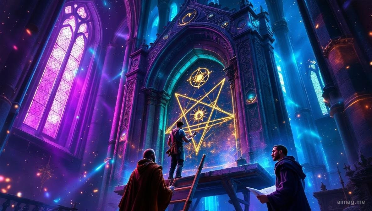 Three of Pentacles tarot card — a stone mason carves intricate tracery in a Gothic cathedral while a monk and nobleman evaluate his skilled craftsmanship