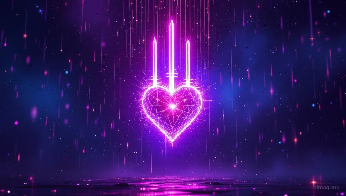 Three silver swords piercing a vivid red heart against a rain-soaked grey sky, droplets streaming down the blades