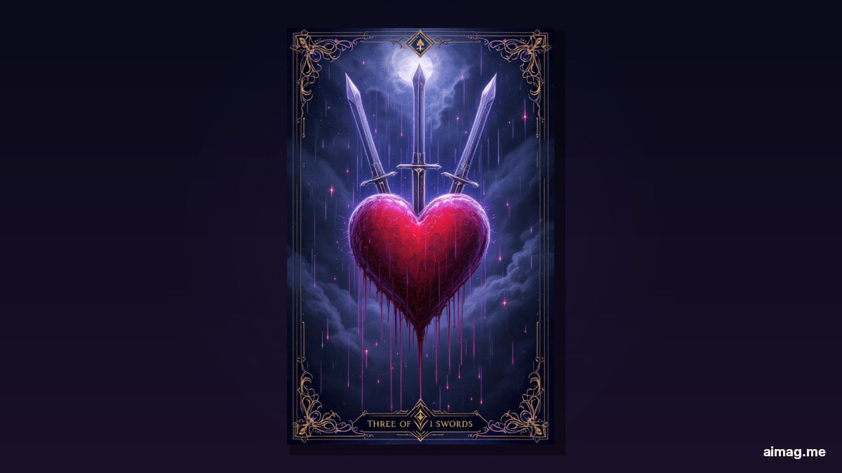 Three of Swords tarot card — three swords pierce a bright red heart suspended in heavy grey rain clouds, water streaming down like tears