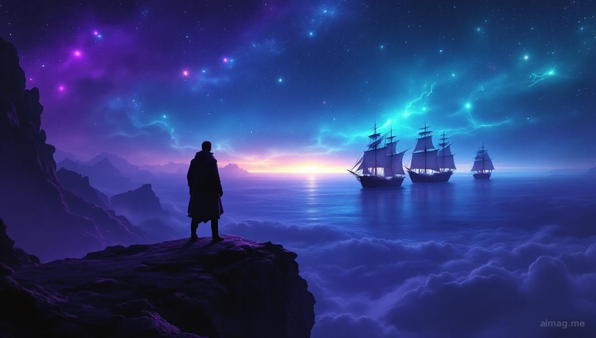 Postac stojaca na szczycie wzgorza z widokiem na port, statki plynace ku zlotemu horyzontowi, trzy wysokie bulawy wbite pewnie obok niej