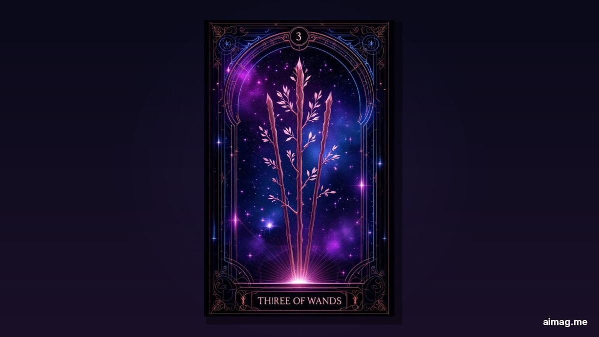 Karta Trójki Różdżek — postać w płaszczu stoi na wysokim klifie nad morzem, trzy wysokie różdżki obok niej, statki płyną ku złotemu horyzontowi