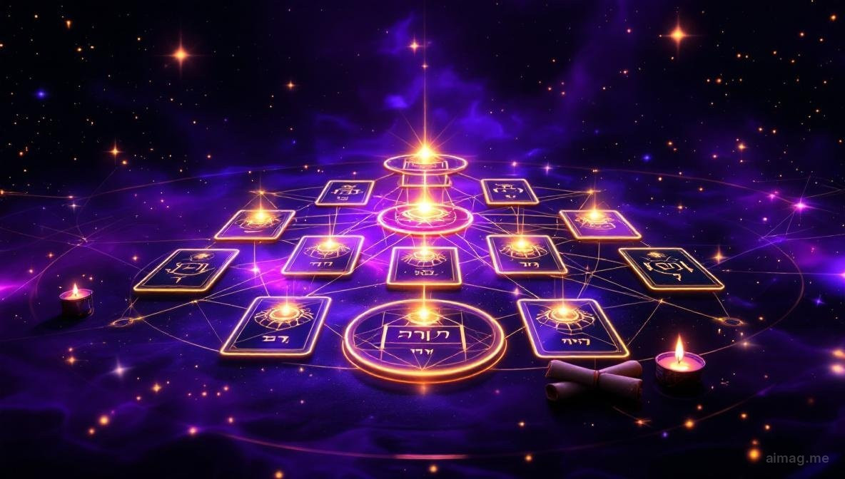 Dziesięć kart tarota ułożonych we wzór kabalistycznego Drzewa Życia na ciemnej powierzchni z subtelnymi złotymi liniami łączącymi pozycje, reprezentujące mistyczny diagram duchowego wznoszenia