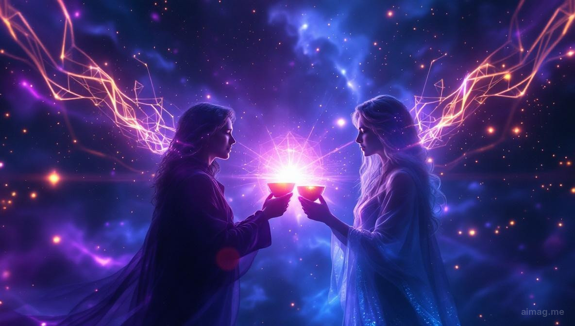 Dwie postacie naprzeciwko siebie pod symbolem kaduceusza, każda trzyma złoty kielich, ich wolne dłonie niemal się stykają w ciepłym świetle na tle ogrodu o zmierzchu