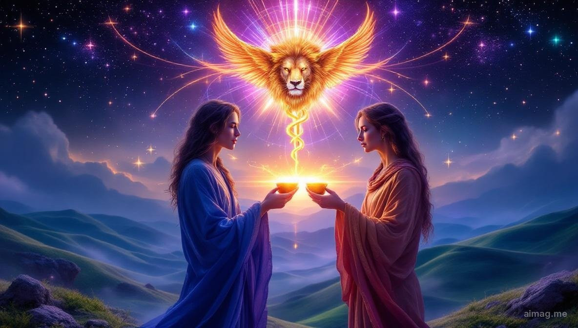 Two of Cups tarot card — a man and woman exchanging golden chalices beneath a winged lion's head and caduceus symbol