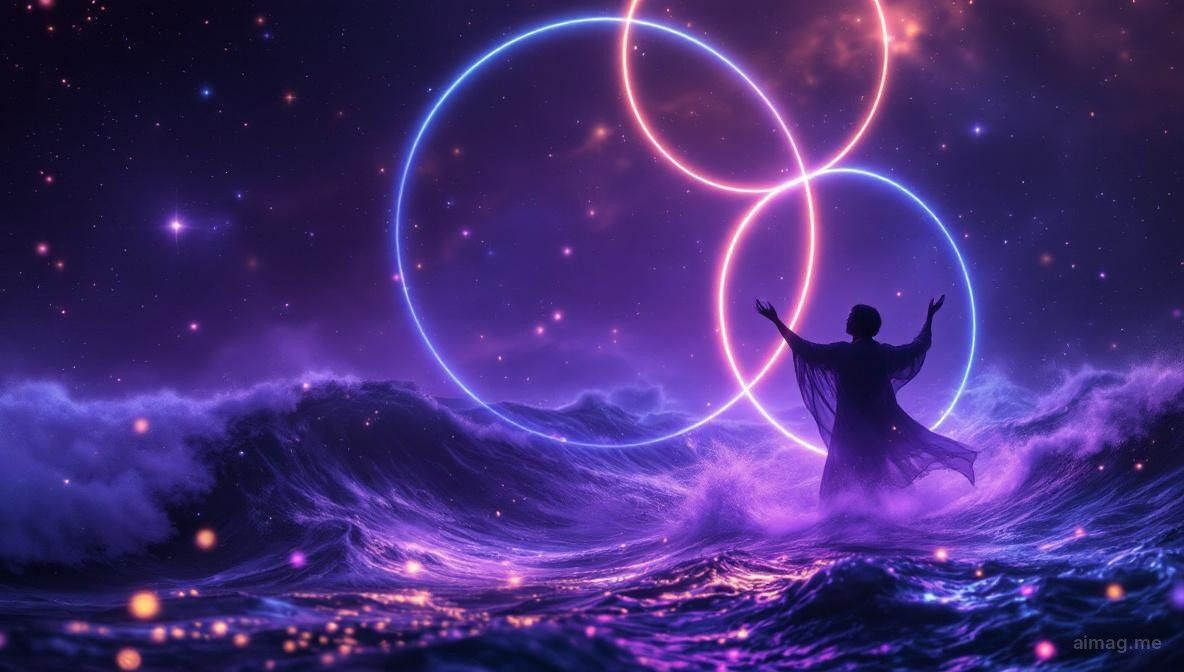 Dwie złote monety połączone płynącą wstęgą lemniskaty, uniesione przez tańczące dłonie na tle burzliwego morskiego krajobrazu