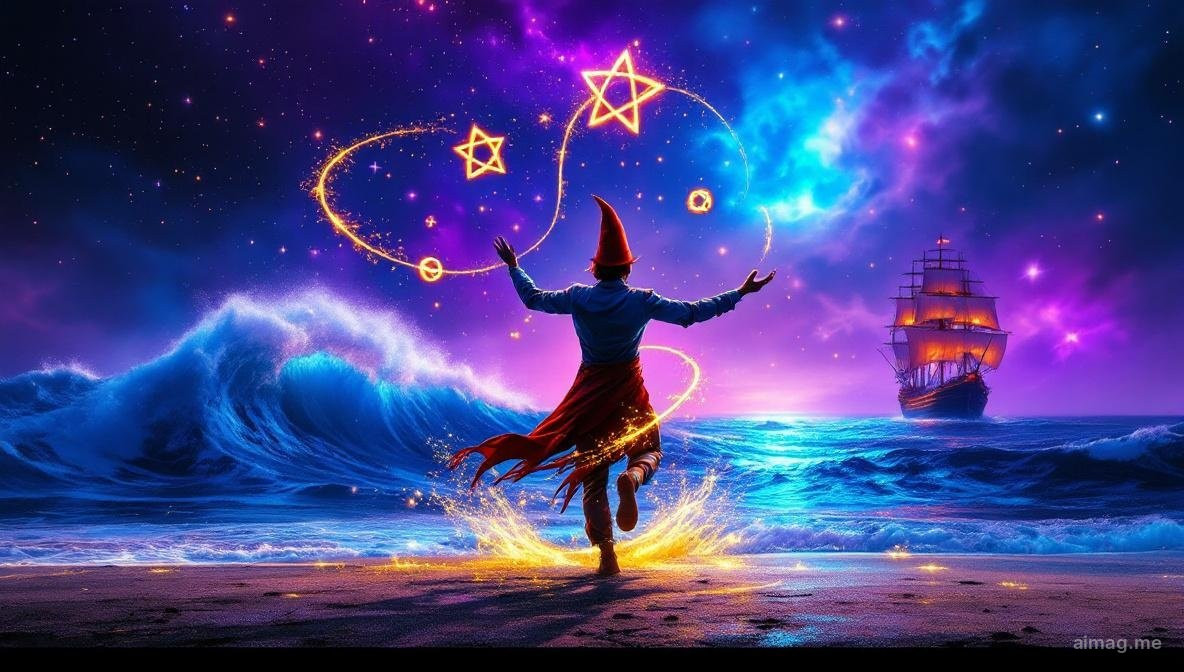 Dwójka Denarów — młody mężczyzna w spiczastym kapeluszu tańczy, żonglując dwoma pentaklami połączonymi symbolem nieskończoności, za nim statki na falach