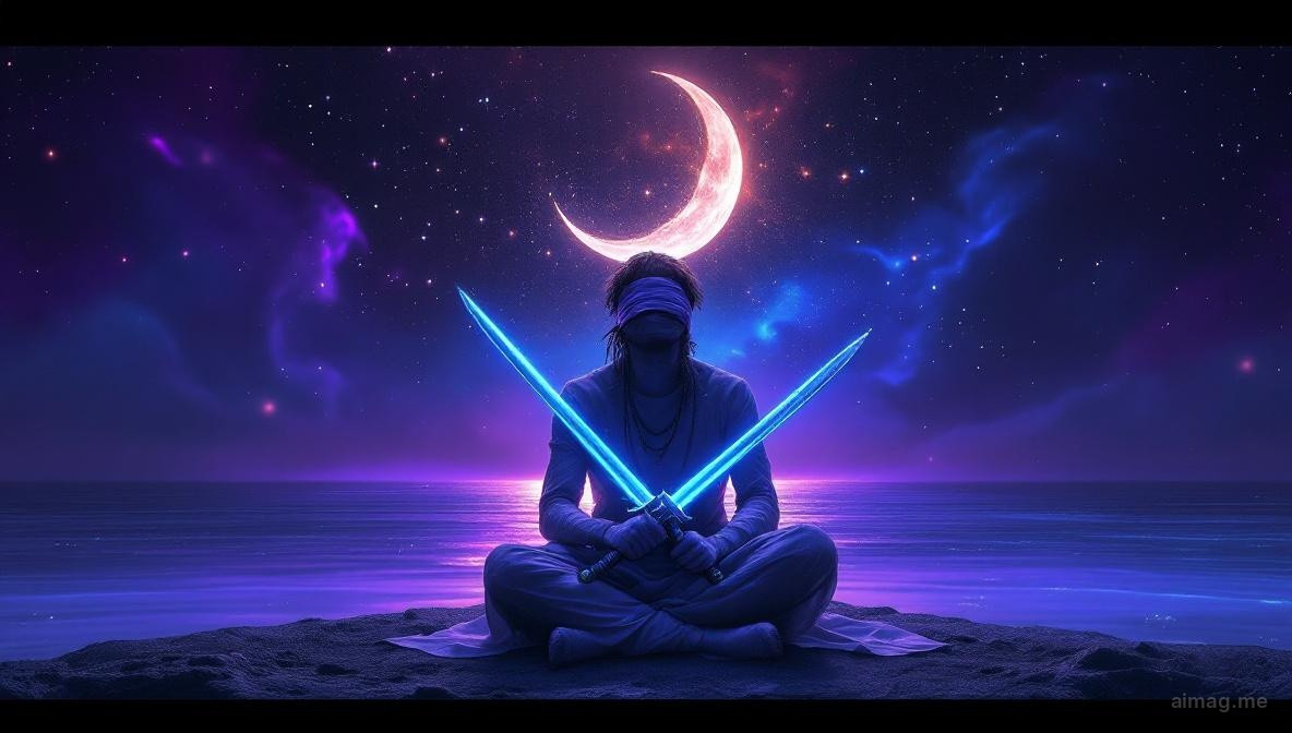 A blindfolded figure seated before a moonlit sea, holding two crossed swords in perfect balance, a crescent moon reflected on still water