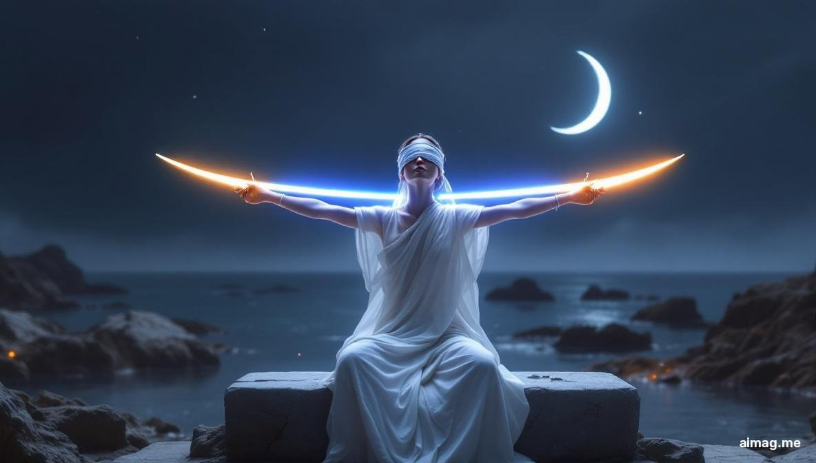 Two of Swords tarot card — a blindfolded woman in white sits at the shore holding two crossed swords, a crescent moon above a calm sea behind her