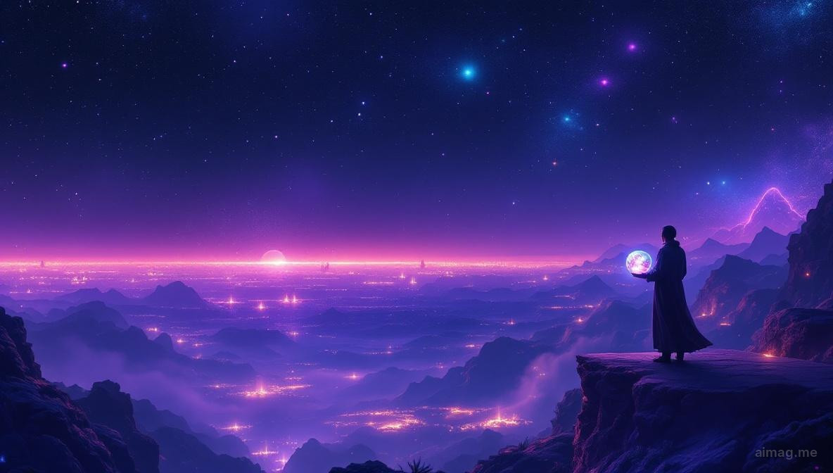 Osoba trzymajaca maly glob w jednej rece, spogladajaca z kamiennego balkonu na rozlegly sloneczny krajobraz ciagnacy sie ku dalekim gorom