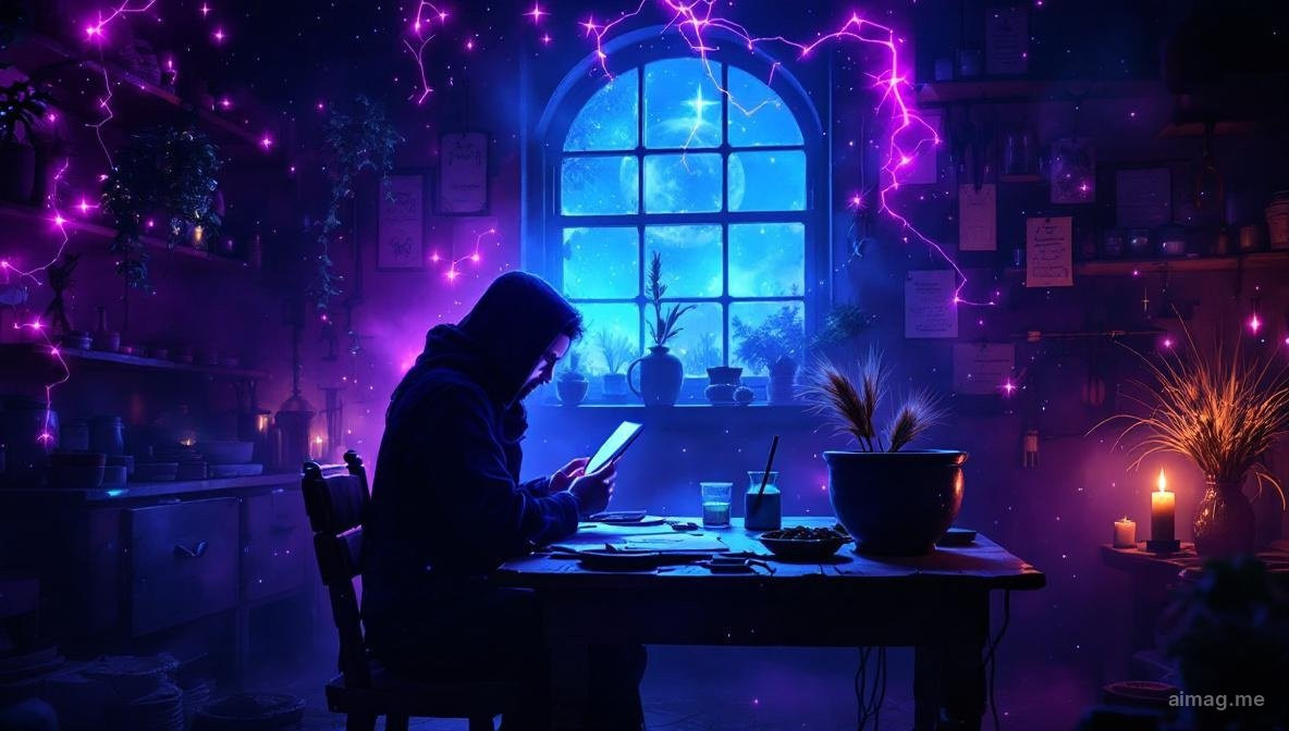 The Hermit tarot card surrounded by earth tones and harvest imagery, with the Virgo constellation traced faintly in the night sky above