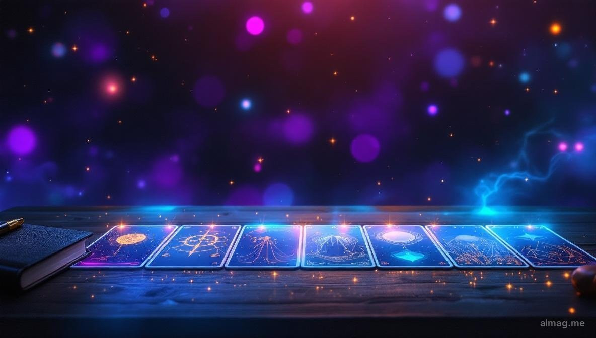 Seven tarot cards arranged in a gentle arc like days of the week on a dark surface with soft golden light marking each position