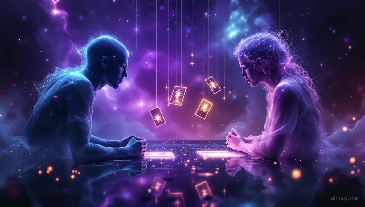 Two silhouettes facing each other with translucent tarot card imagery floating between them like thought bubbles, one figure slightly turned away in contemplation