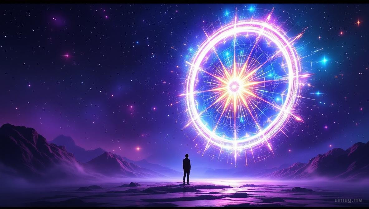 Ogromne zlote kolo obracajace sie w zmierzchowym niebie, otoczone czterema uskrzydlonymi stworzeniami w rogach i swiecacymi chmurami wirujacymi w cyklicznych wzorach