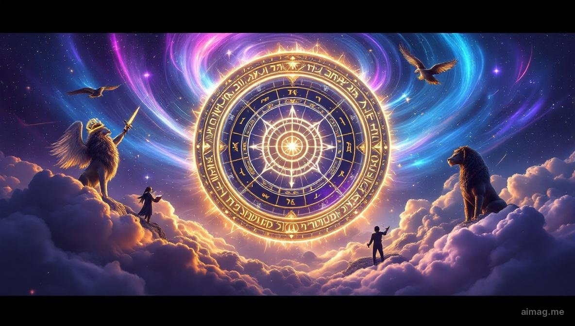 Karta tarota Koło Fortuny — wielkie koło obracające się w niebie, otoczone czterema skrzydlatymi istotami i trzema postaciami