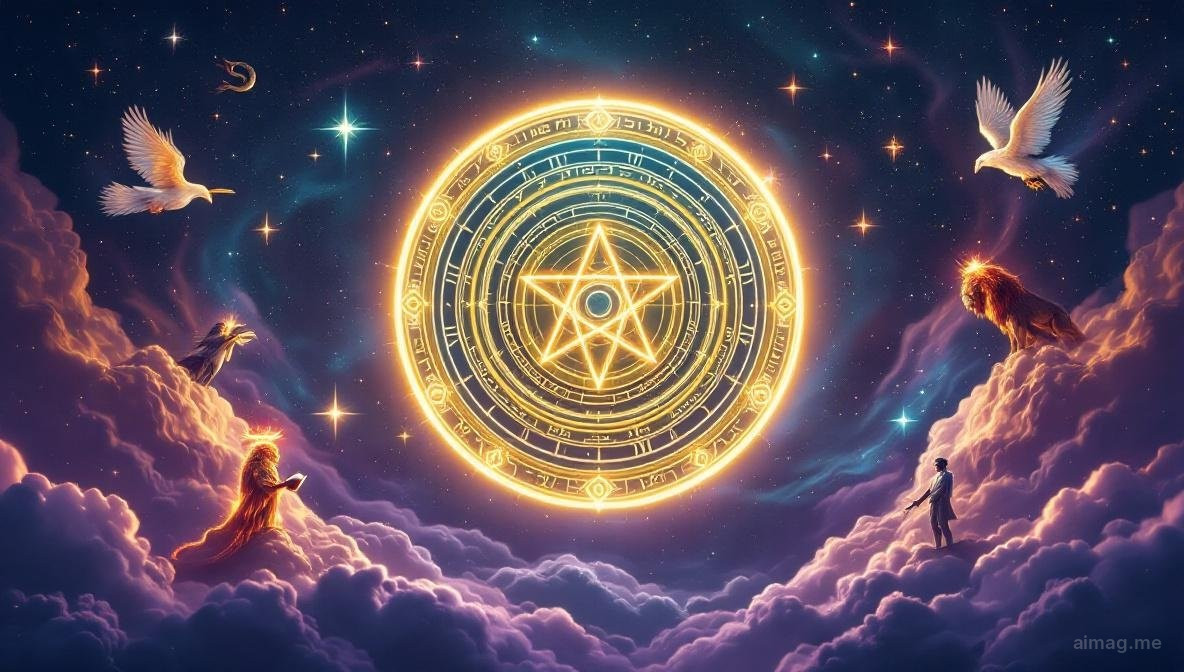 The Wheel of Fortune tarot card reimagined with modern elements, cosmic wheel turning against a night sky with calendar pages flying around it