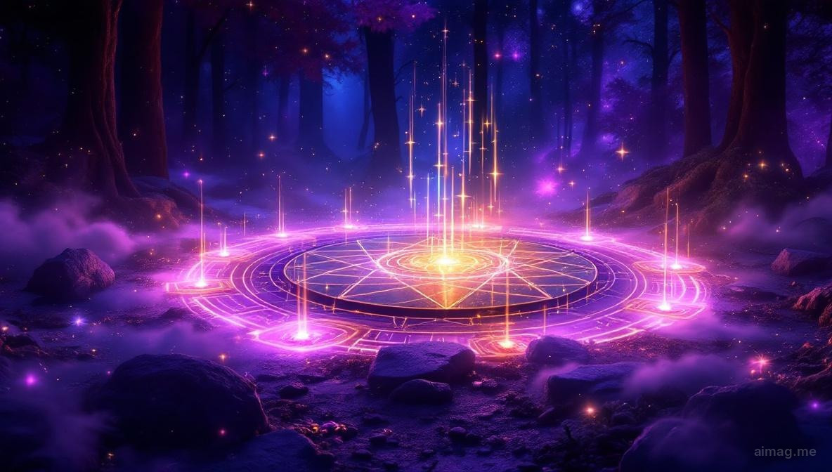 Thirteen tarot cards arranged in a circle on a wooden wheel surrounded by seasonal elements — holly, flowers, wheat, and bare branches — marking the cycle of the year