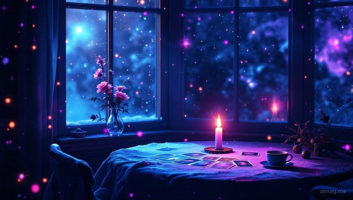 Tarot cards arranged in a star pattern on dark velvet with a single candle flame casting warm light, deep winter atmosphere