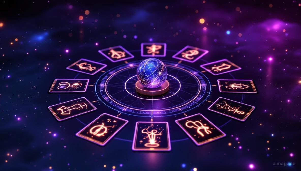 Dwanaście kart tarota ułożonych w okrąg na ciemnej powierzchni z subtelnymi wzorami konstelacji zodiaku widocznymi w tle, łączące symbolikę astrologii i tarota